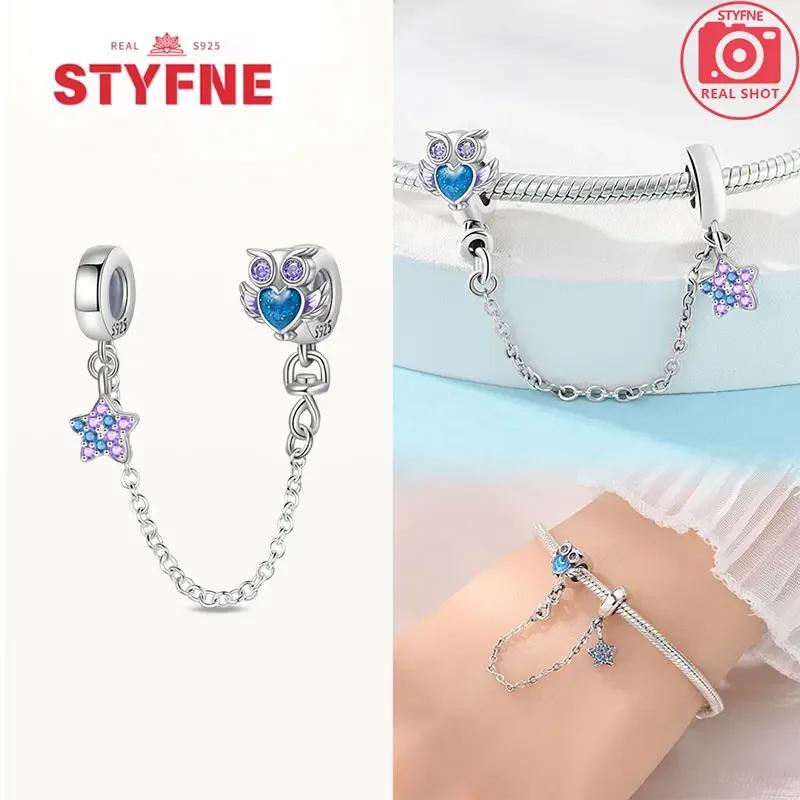 Real Silver 925 Star and Moon Flower Heart Safety Chain Wearable Jewelry Gift Bracelet DIY Beads for Women