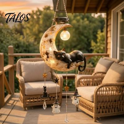 Schwarze Katze Thema Gartendekorationen Solar Mond Windspiel Licht, Angetriebene Hängelampe, Wasserdichte Harz Heilungsglocken mit Lichtern Außen Dekoration