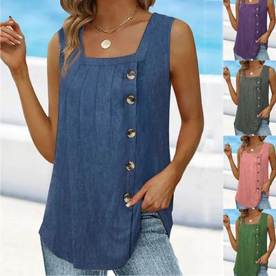 Summer Women's Pleated Square Neck Sleeveless Swallowtail Button Tank Top for Women