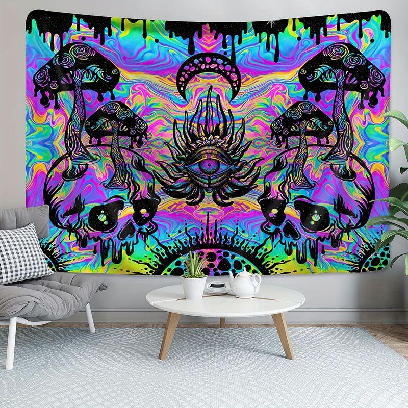 Psychedelic Mushroom Skull Wall Hanging Trippy Rainbow Swirl Third Eye Tapestry Hippie Dorm Bedroom Decor Cloth