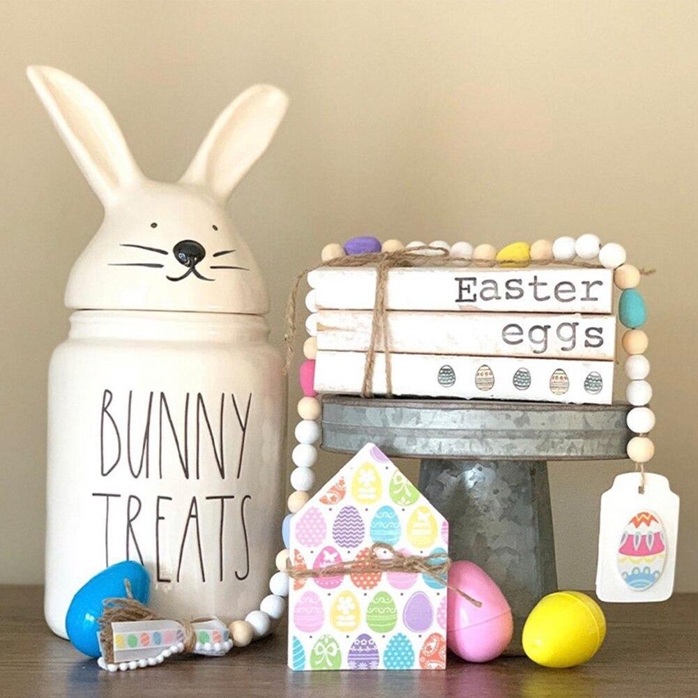 Colorful Easter Wood Bead Garland With Tassel And Bunny Tag Boho Decor Hanging Farmhouse Rustic Bead Easter Decorations For Home