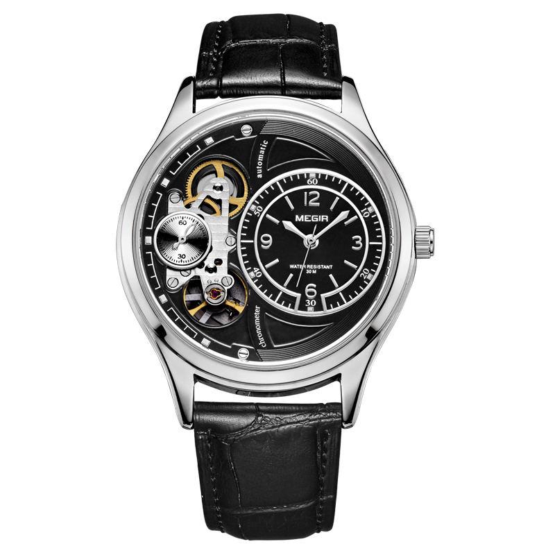 Men s Quartz Watch Skeleton Open Heart Leather Strap Waterproof Business Style Wristwatch чёрный