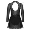 Pailletten Figur Eislaufen Roller Skating Tanz Kostüm Frauen Tüll Gymnastic Trikot Lange Ärmel Mesh Splice Ballett Dancewear