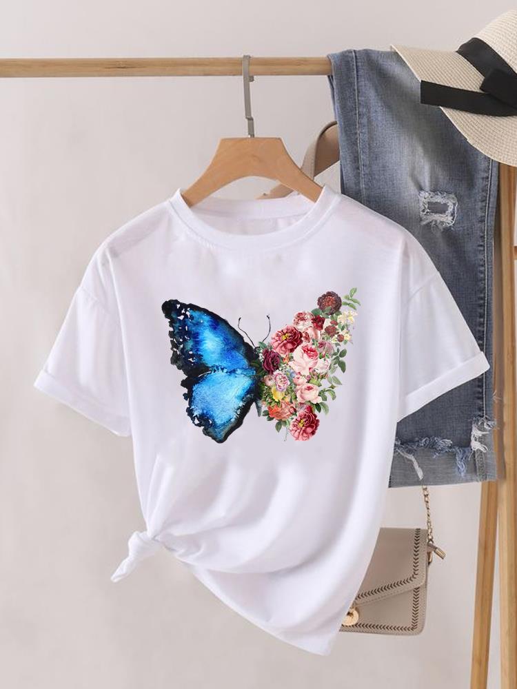 Kwiatek Słodki Trend lat 90. Uroczy Krótki Rękaw Nadruk Moda Graficzny T-shirt Kobiety Top Pani Damska Koszulka Tee Okrągły Dekolt Odzież Ubrania