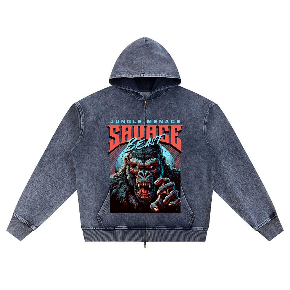 DTG Print Knitted Denim Zip-Up Hoodie Streatwear Brother Print Zipper Hoodies