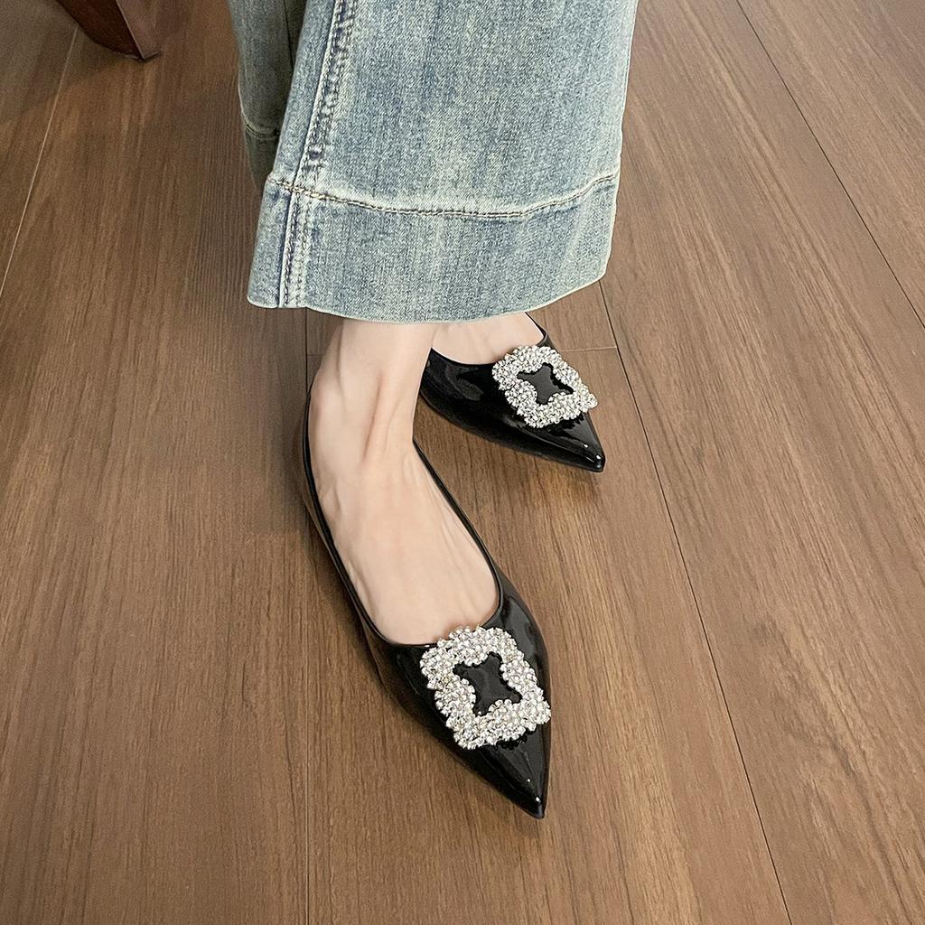 Shallow Single Shoes Women's One-pedal Temperament Flat Shoes Rhinestone Pointed Wedding Shoes