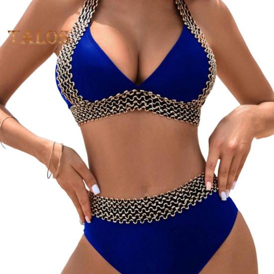 

Женский сексуальный комплект бикини из 2 шт./компл., бюстгальтер без рукавов с v-образным вырезом, трусы с высокой талией, комплект в стиле пэчворк, цветной купальник с открытой спиной, купальный костюм S синий