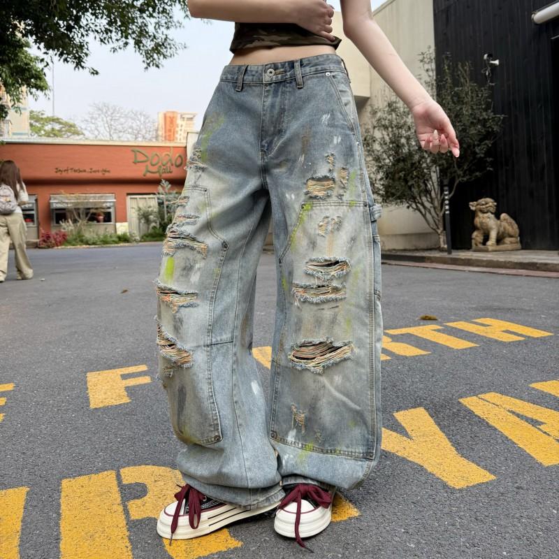 Unisex Vintage Distressed Denim Pants Loose Straight Cut High Street Style Cotton Jeans Men Women 2026