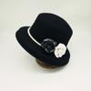 Black And White Camellia Pearl Elegant Celebrity Hepburn Bell Top Hat Women'S Wool Felt Fisherman Basin Hat Retro