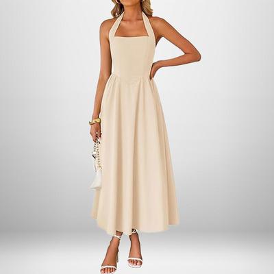 Rochie de vară elegantă fără mâneci cu gât halter și bretele Nouă modă Largă Sexy Decolteu pe spate Linie A Rochii de petrecere Casual Pliuri Culoare solidă Îmbrăcăminte simplă