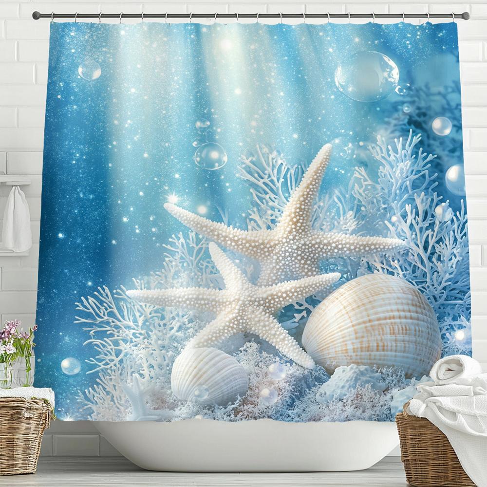Beach Shower Curtain, Starfish Seashells Coral Ocean Bathroom Decorative Shower Curtain, Waterproof Shower Curtain with Hooks