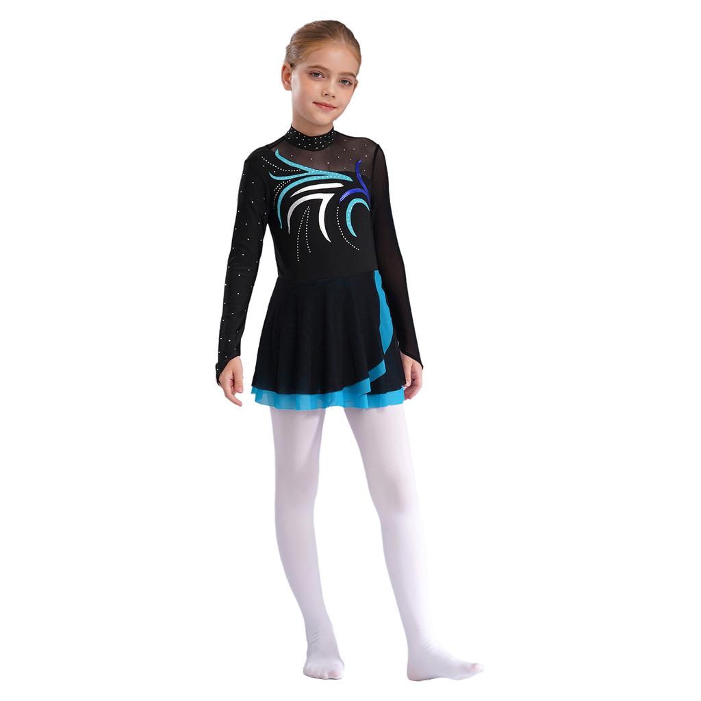 Girls Figure Skating Dress with Sparkly Rhinestones Sheer Mesh Patchwork Long Sleeve for Dance Performance