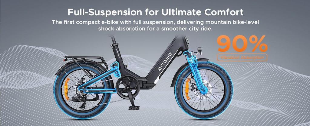 The ENGWE electric bicycle comes with an app, a 48V 13.5Ah battery (range up to 135 km), and 20*3.0 tires.L20 3.0 BOOST
