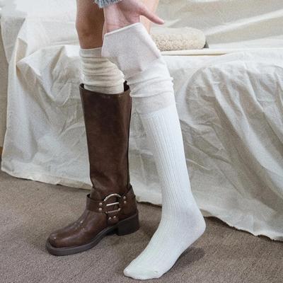 Chaussettes montantes longues pour femmes avec bottes, blanches en coton bouclette pour le printemps et l'automne, bottes longues et chaussettes longues pour l'automne et l'hiver