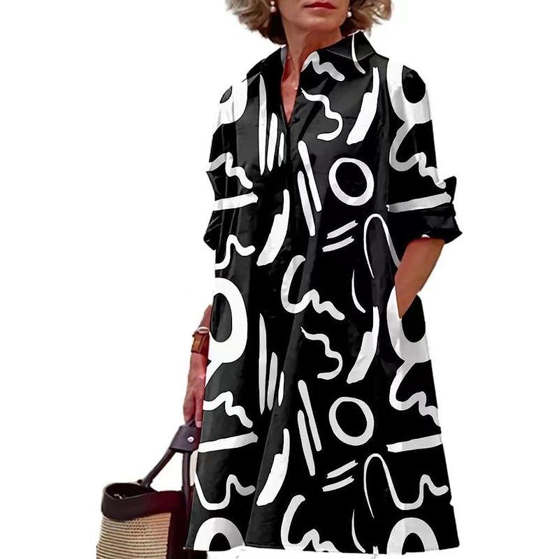 

European Plus size women clothing plus Size Fashion Single-Breasted Irregular Print Loose Casual Long sleeve dress M-4XL Black geometric 4XL