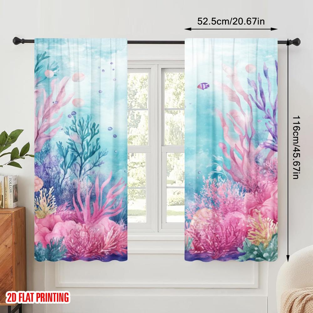 2pcs,2D plane printing Pattern Curtains Coral Dreamscape Polyester Woven (without rod) Decorations Inside Ldeal for Home &