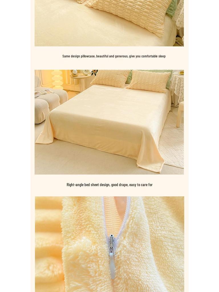 Mother and Baby Rabbit Velvet 4-Piece Set: Coral Fleece Duvet Cover, Solid Color Fitted Sheet, Milk Velvet 3-Piece Set for Single/Double Bed.