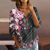 Women’s Casual Floral Print Henley Neck Button Front Cotton Linen Shirt with Three Quarter Sleeves and Relaxed Fit Top