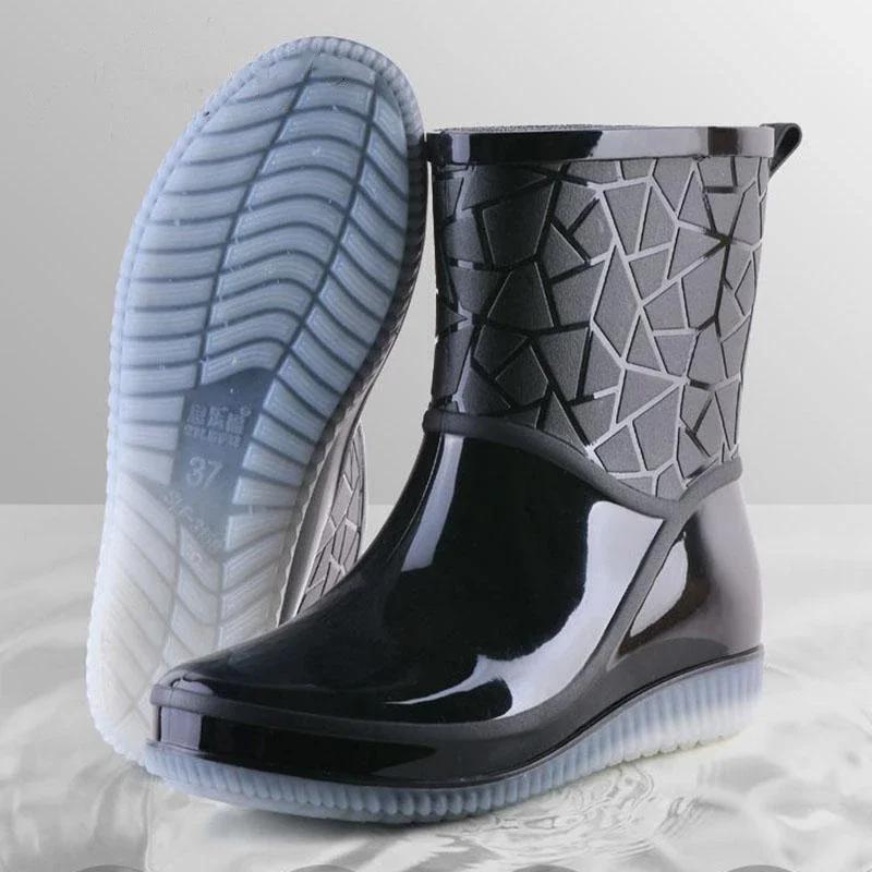 Fashion Rain Boots Women Waterproof Kitchen Car Wash Work Non-slip Mid-Calf Water Boots Antiskid Wear-Resistant Thickened Women Shoes