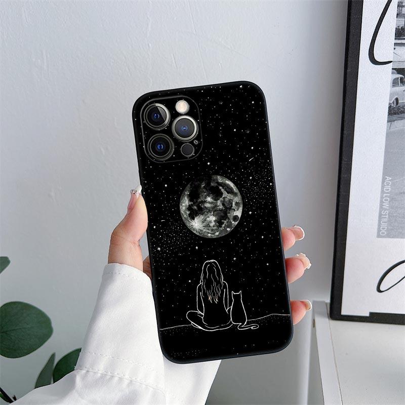 Black Cat Line Phone Case for iPhone 11 15 16 Pro Max Case Coque 14 Plus 13 Pro 12 Mini 11 X XS 16 8 SE2020 15Pro TPU Soft Cover