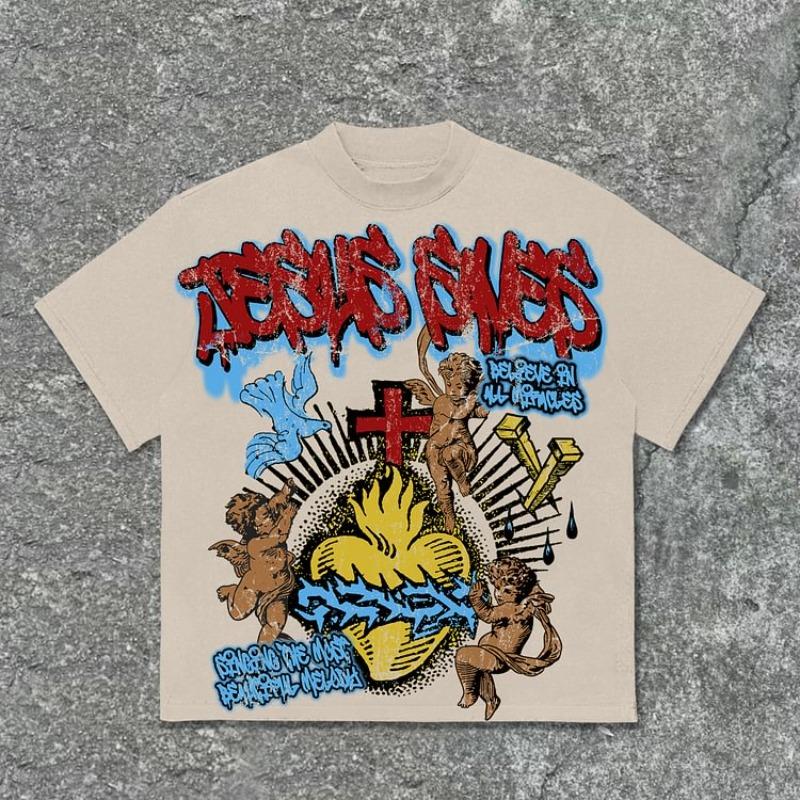 

Vintage Jesus Saves Angel Graphic Print Cotton TShirt Unisex Y2K Summer Short Sleeves Casual Oversize Tshirt Streetwear Women Tops 2XL