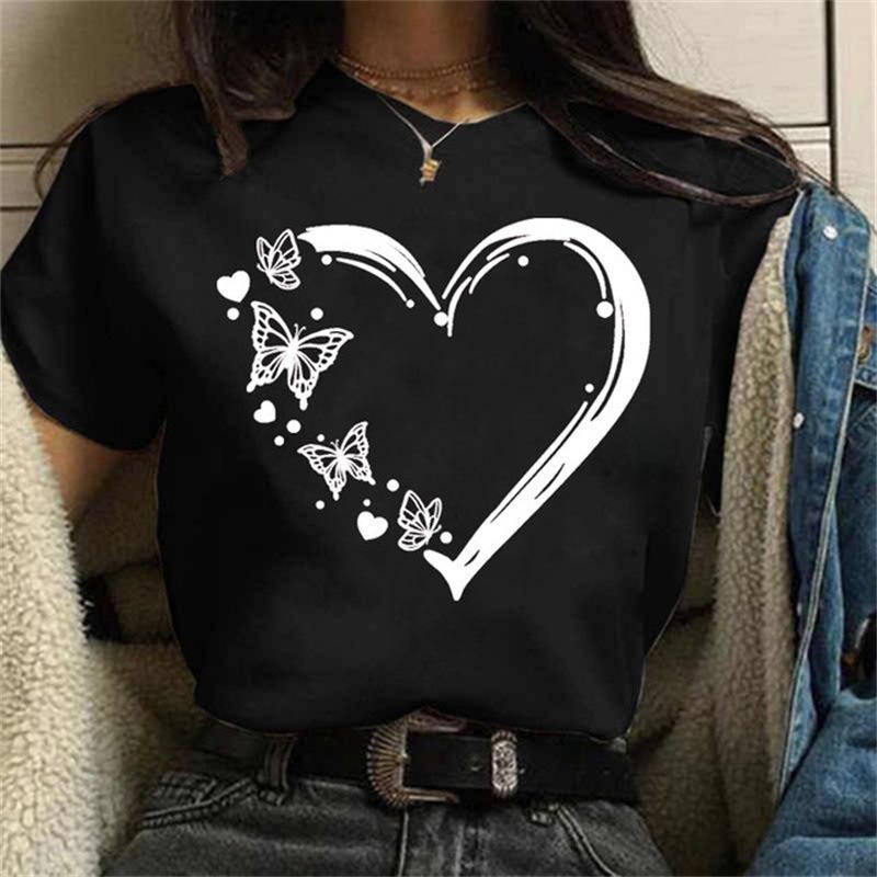 Women Short Sleeve T-shirt Butterfly Love Heart Print - Casual Graphic Tee