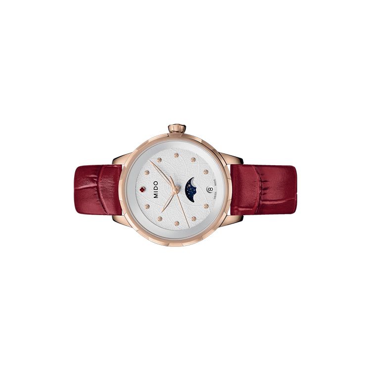 Mido Flower Series Moon Phase Watch Retro Red Quartz Movement Red Watch 31mm White Dial Leather Strap Women watches M043.023.36.031.00