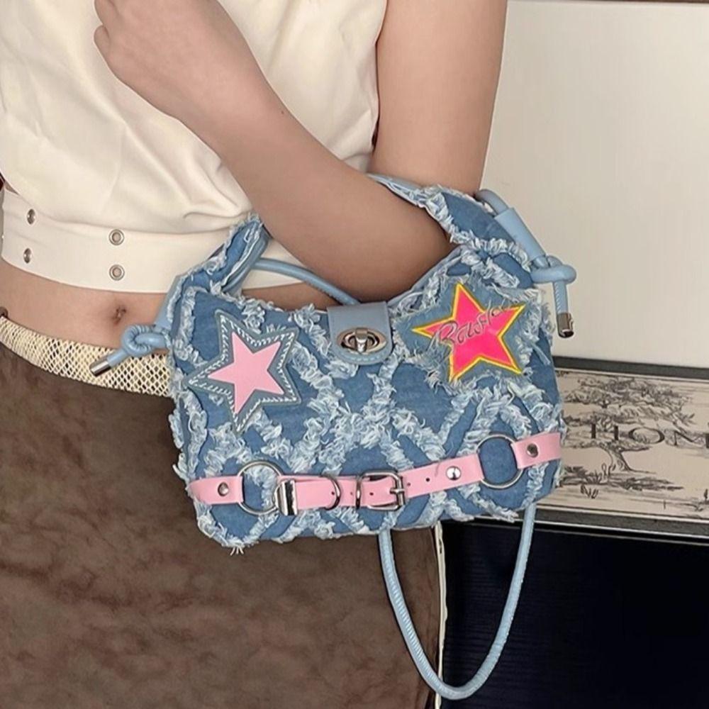 Spice Girl Denim Handbag Harajuku Underarm Shoulder Bag Casual Pink Star Crossbody Bag  Girls
