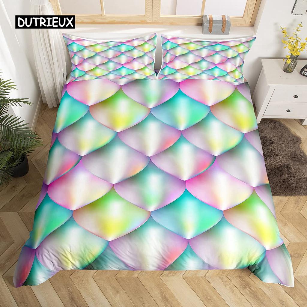 Fish Scales Duvet Cover Set Pink Fish Scales Pattern Colorful Twin Bedding Sets for Girls Women Microfiber 2/3Pieces Quilt Cover