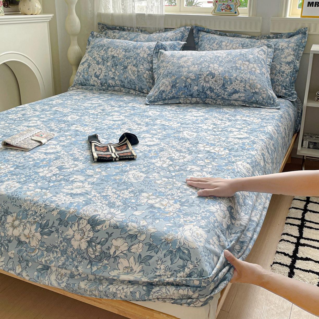 

Cotton Fitted Sheet with Elastic Bands Non Slip Adjustable Mattress Cover Plant Flowers Printed for Double King Queen Bed 90x200cm 1pc