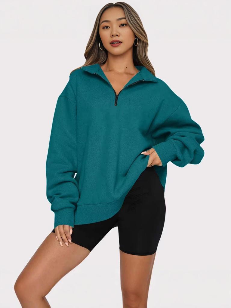 Women's Half-Zip Fleece-Lined Sweatshirt: European and American Autumn/Winter Casual Long Sleeve Top