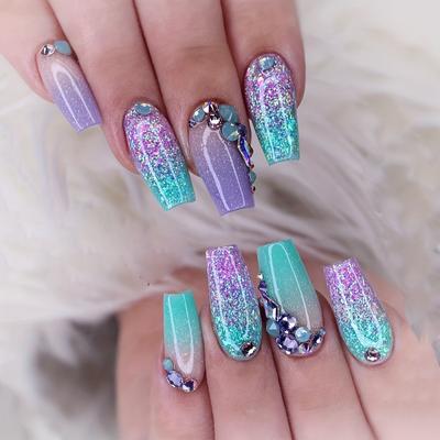 24pcs Glossy Medium Ballerina Fake Nails Blue And Purple Gradient Press On Nails With Shiny Sequin Rhinestone Design, Sparkling Full Cover False Nails