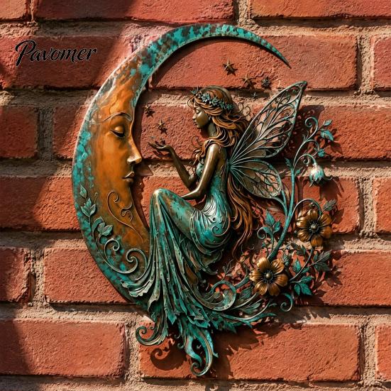 Durable Metal Craft for Garden Vintage Crescent Moon Wall Art, Fairy Witch Bee Dragonfly Iron Hanging Rustic Turquoise Home Accents Decor, Sculpture