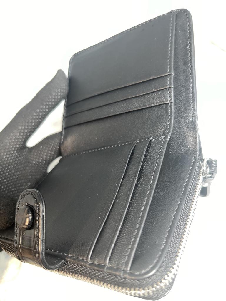 GUODI Compact Bifold Wallet, Genuine Crocodile Leather, Unisex, for Men and Women, NB7-W222 (Black)