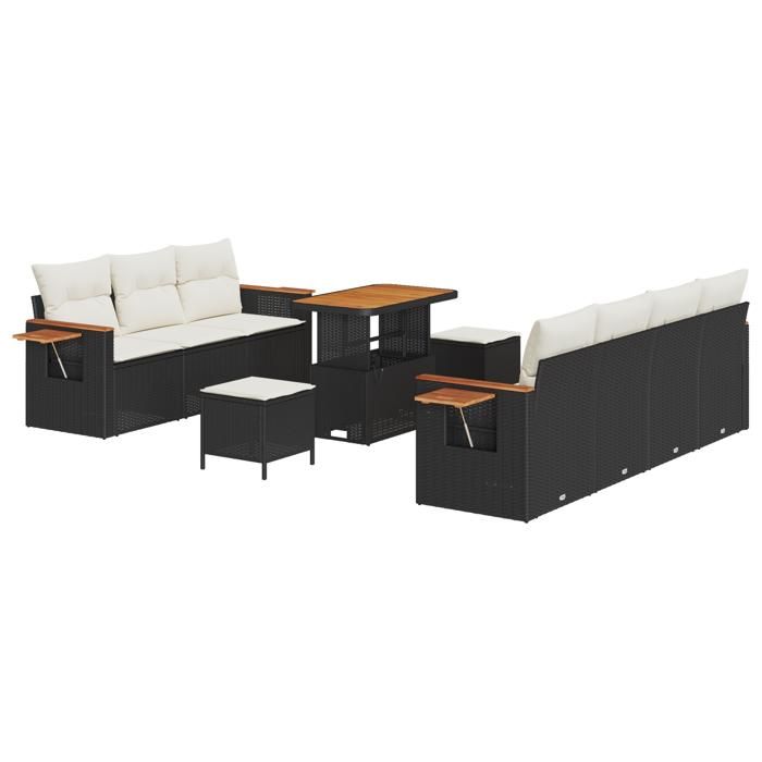 Ensemble de canapé de jardin vidaXL 10 pièces avec coussins Noir Poly Rattan Acacia, Ensemble de salle à manger jardin 3365090