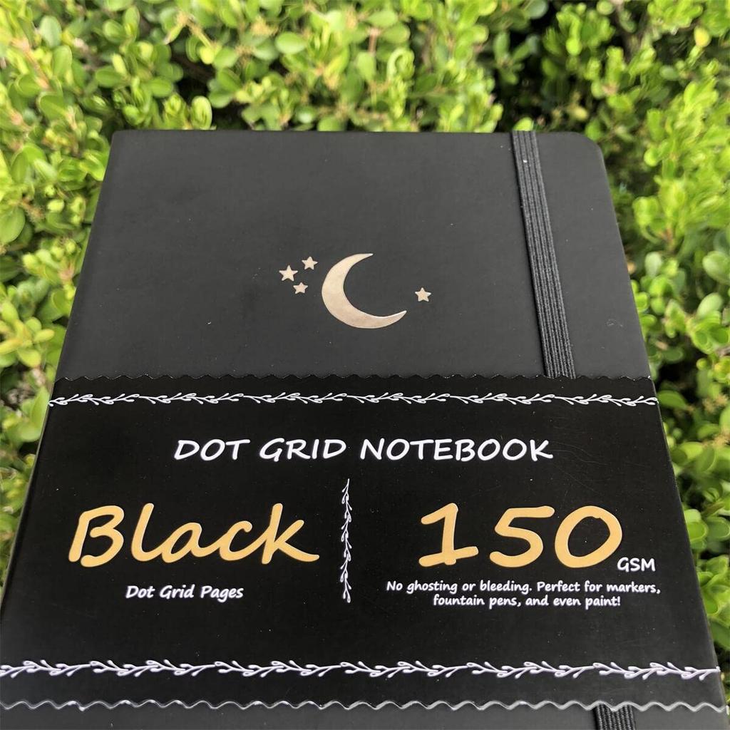 Bullet Dotted Journal Punktkariertes Notizbuch 150 g/m² Durchbluten Schwarzes Papier Nr. 160 Schwarze Seiten für Frauen und Männer A5 PU-Leder Hardcover x mit Geschenkbox 5,75"