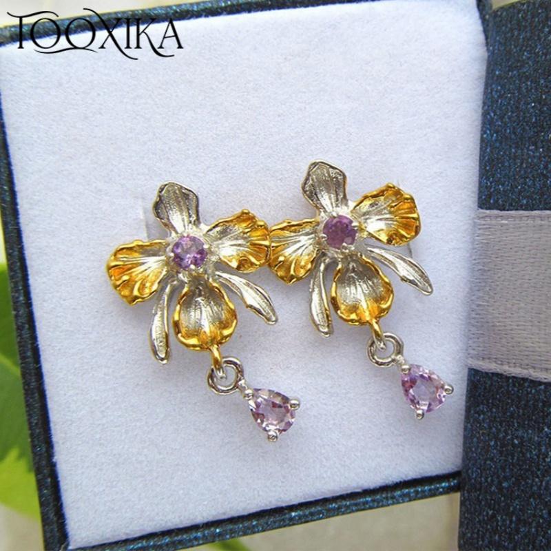 

Tooxika Light And Graceful Orchid Flower And Water Drop Earrings Light Purple Orchid Color Gold Stamping Earrings