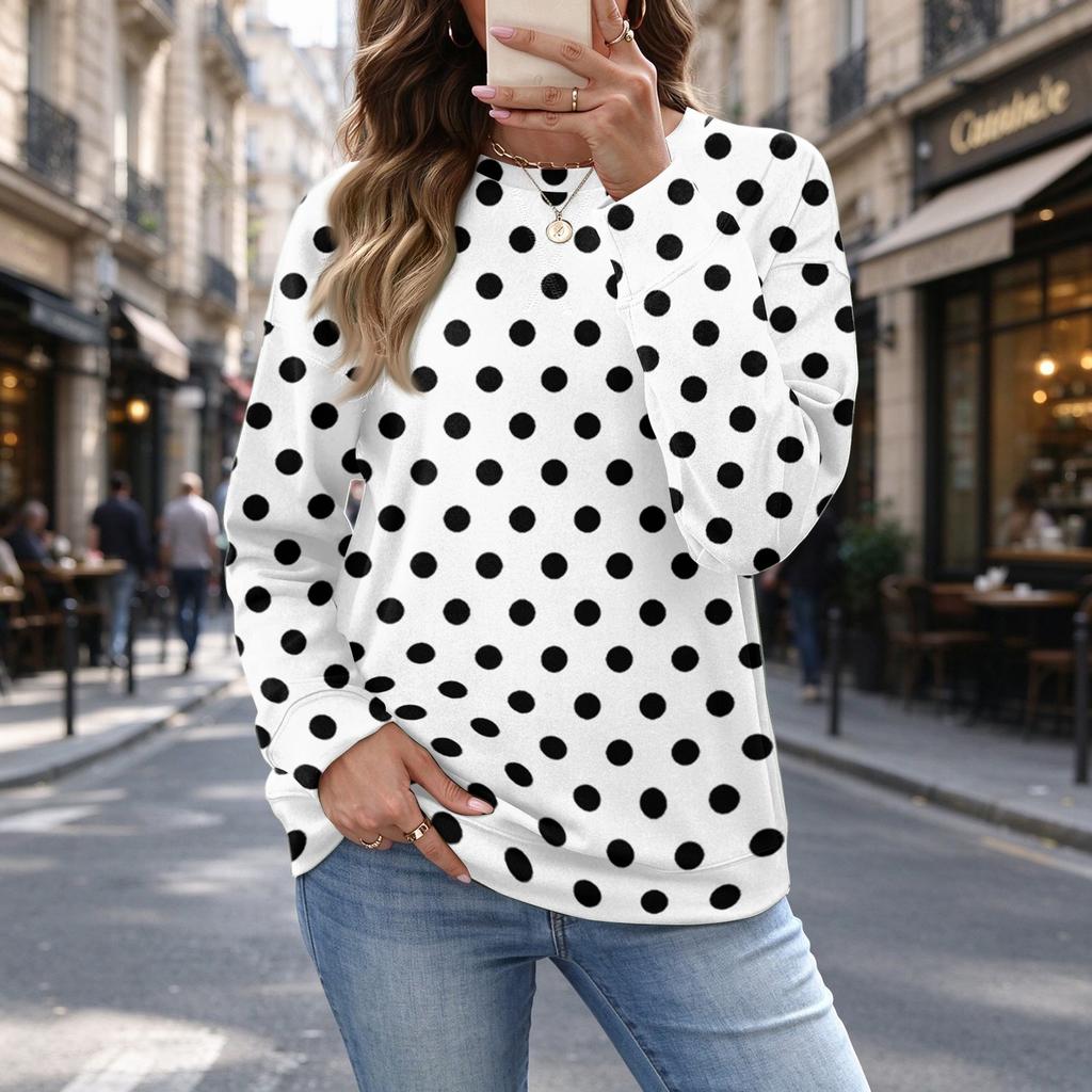 Women's Casual Polka Dot Christmas Print Top for Fall and Winter, Versatile Blouse