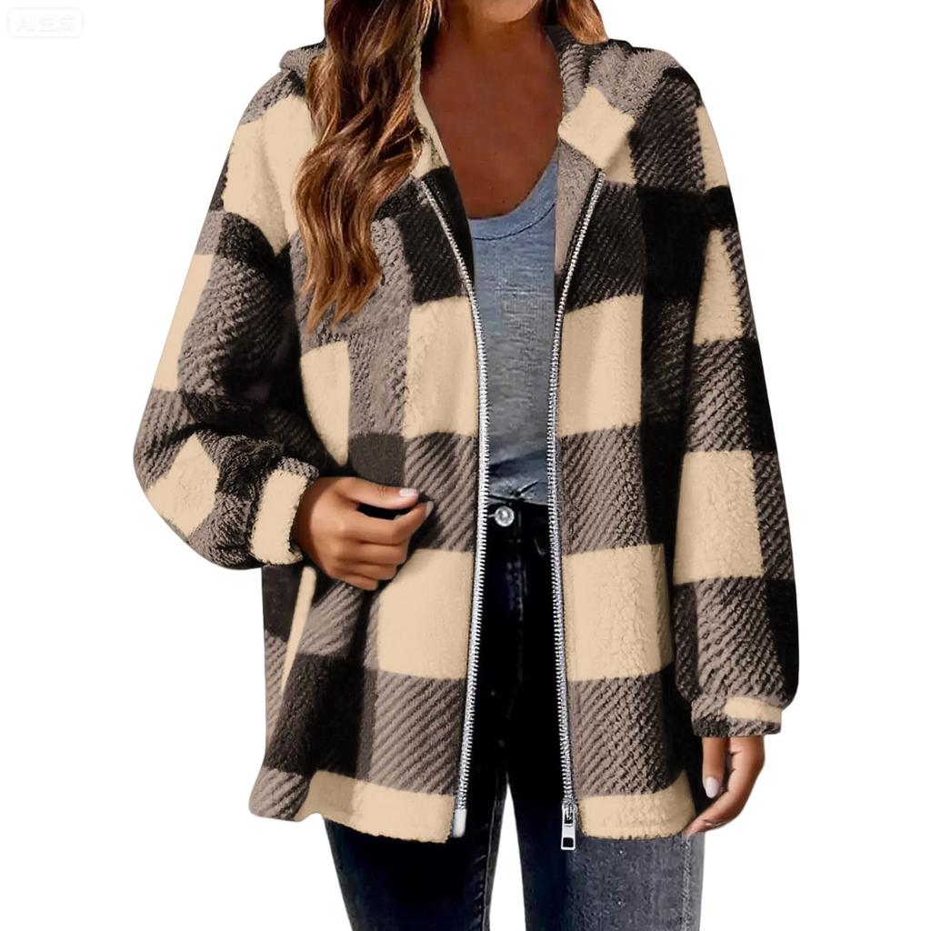 Women's Plaid Zipper Loose Plush Casual Jacket