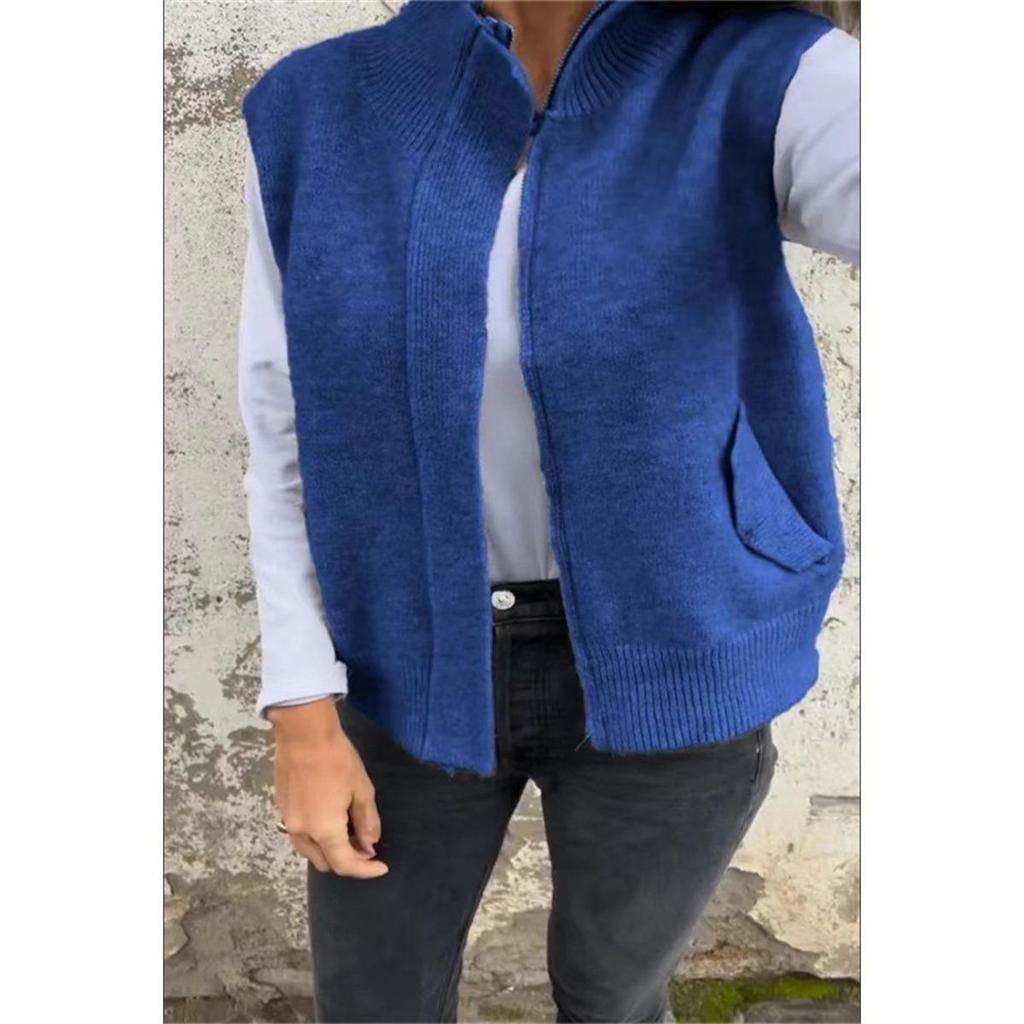 Winter Women's Stand Collar Zip Knitted Vest Loose Casual Open Front Sweater Gilet for Autumn Winter
