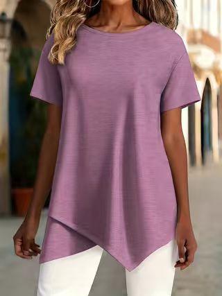 women's Solid Color Short Sleeve Irregular Hem Round Neck Loose Fit Casual Tunic Top Blouse