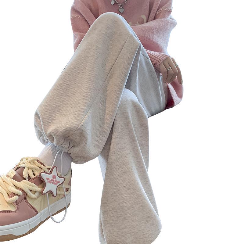 Women's High-Waisted Fleece-Lined Wide-Leg Sweatpants, Autumn/Winter 2024 - White/Gray