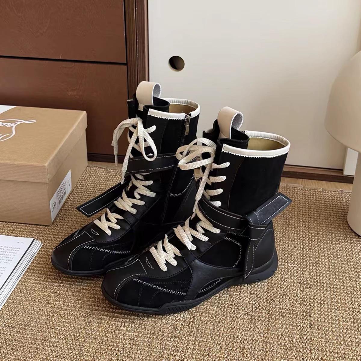 

Sheepskin version~ retro versatile matte leather boxing boots women s straps side zipper outer wear mountaineering training Martin boots 40 чёрный