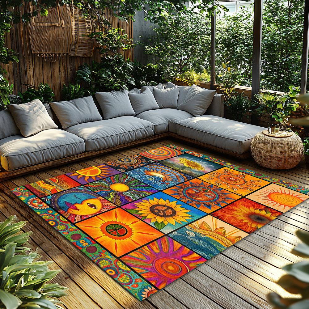 Bohemian Patchwork Teppich, Mehrfarbiger Sonnenblumen Spiral Design Teppich, Weiche Rutschfeste Sofamatte für Gemütliche Wohnzimmer Deko
