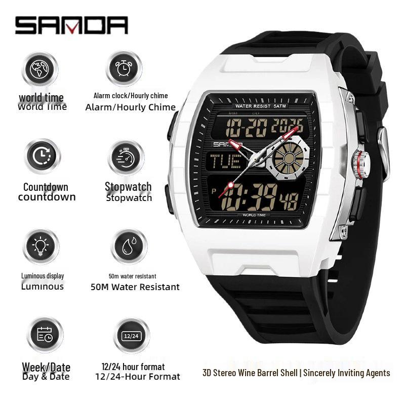 Sanda Men's Sports Barrel-Shaped Luminous Countdown Watch with Triple Time Zone and Dual Display, Waterproof Design.