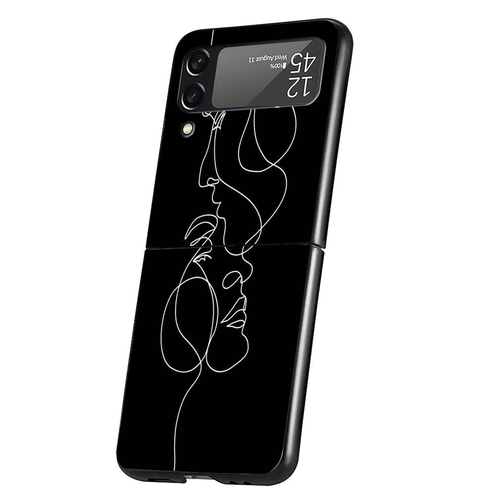 Abstract Line Women Face Case Phone Cover for Samsung Galaxy Z Flip 6 5 4 3 5G ZFlip6 ZFlip5 ZFlip4 ZFlip3 Black Hard Trend Fund