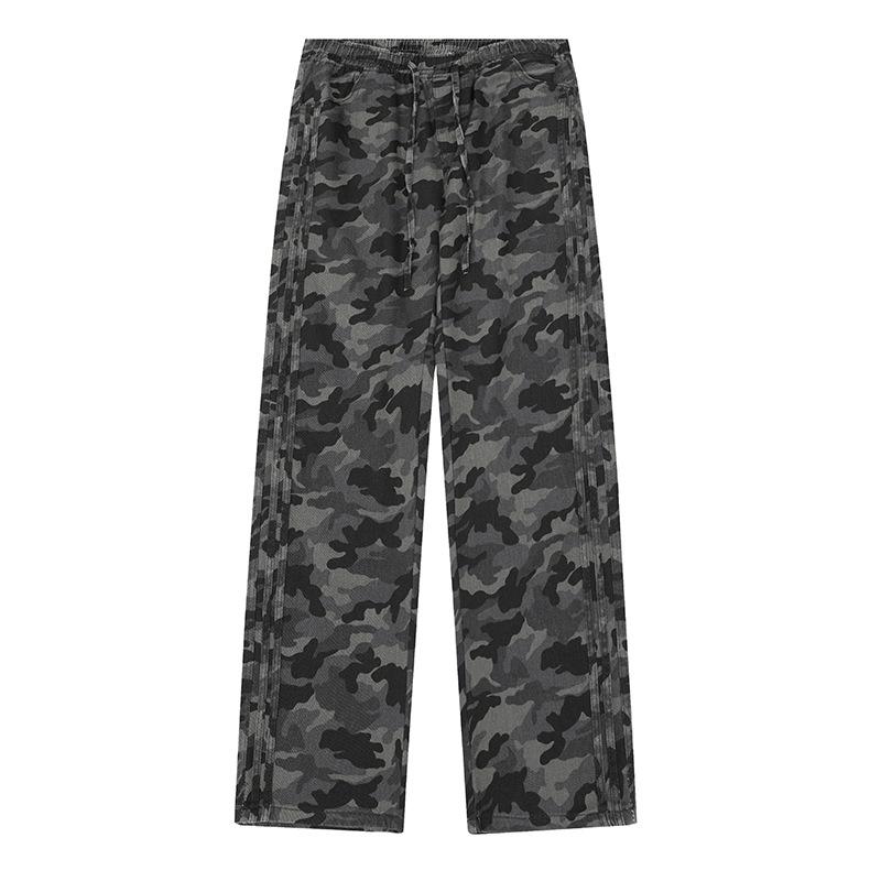 Drawstring Striped Camouflage Pants for Men Versatile American Loose Straight-leg Casual Pants