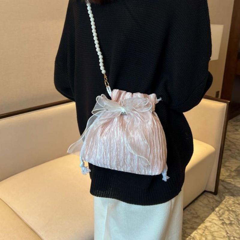 Chic Bowknot Canvas Crossbody Bag with Faux Pearl Chain Versatile & Stylish Bucket Shoulder Purse for Women