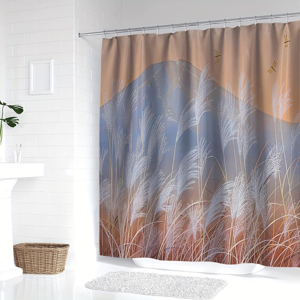 Polyester Shower Curtain, Mountain Landscape with Pampas Grass & Sunset, Digital Print, All-Season Bathroom Decor