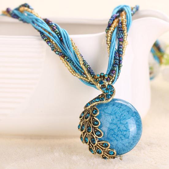 Bohemian Women Rhinestone Inlaid Peacock Round Faux Opal Pendant Necklace Gift